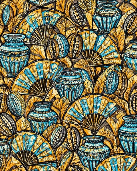 Market Fans — Teal Gold Fabric